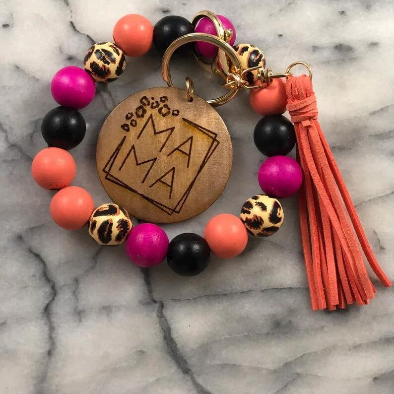 Wholesale Mother's Day Leopard Print Wooden Beads Tassel Bracelet Keychain